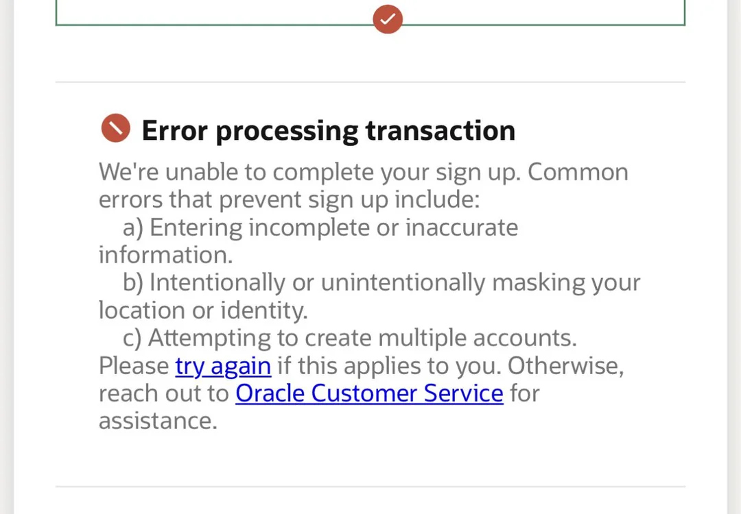Oracle Cloud Signup Error