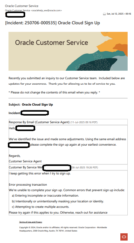 Oracle Cloud Customer Service Reply